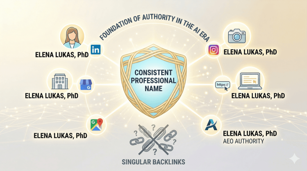 Infographic showing the importance of a consistent professional name across digital platforms for AI entity authority.