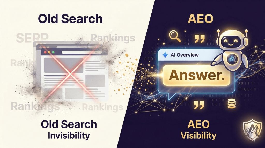 Split-screen comparison graphic: Traditional SEO vs. AI-driven AEO and brand invisibility in ChatGPT