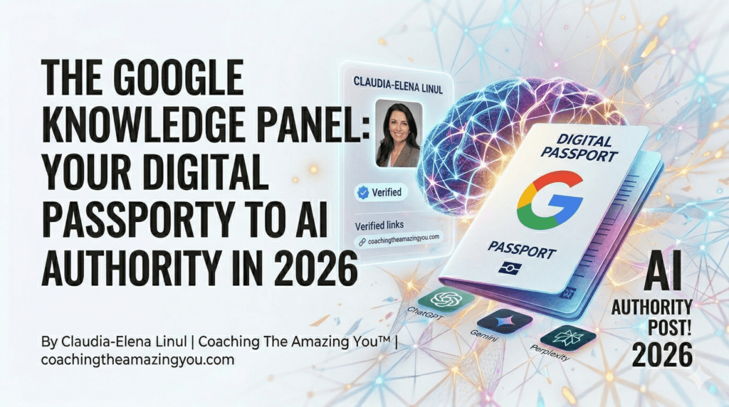 A professional featured image on a clean white background showing a Google Knowledge Panel digital interface, a glowing digital brain, and a 'Digital Passport' symbolizing AI authority. Featuring the title 'The Google Knowledge Panel: Your Digital Passport to AI Authority in 2026' by Claudia-Elena Linul.